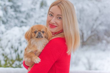 Kar parkında genç bir Pekin köpeğiyle gülen mutlu bayan. Kış Noel zamanı. Doggo sahibiyle yürüyüşe çıkmış, keyfi yerinde.