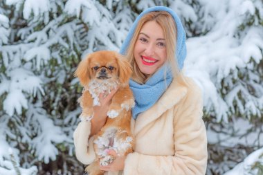 Kar parkında genç bir Pekin köpeğiyle gülen mutlu bayan. Kış Noel zamanı. Doggo sahibiyle yürüyüşe çıkmış, keyfi yerinde.