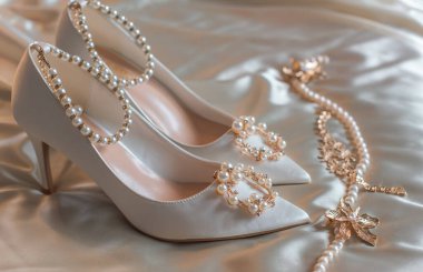 Düğünlerde beyaz ayakkabılı, çiçekli ve incili kadınlar. Düğün kavramı, aksesuar