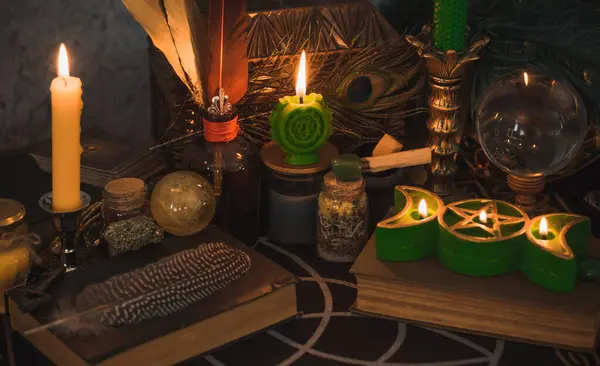 Altar of modern witch. Candles and oracle stuff on a table. Mental work with energetic. Some rite and fate prediction illustration