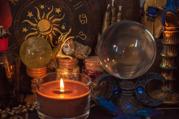 stock image Magical scene, esoteric concept, fortune telling, tarot cards on a table