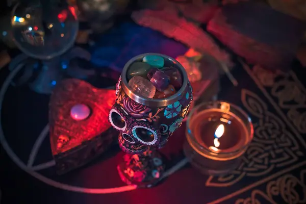stock image Mystical scene with a witchcraft altar. Alchemy of Old powers and energies