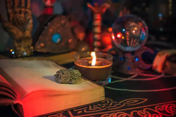 stock image Mystical scene with a witchcraft altar. Alchemy of Old powers and energies