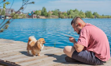 Küçük altın bir Asyalı köpeği olan genç bir adam, evcil hayvan davranış konsepti. İnsan en iyi arkadaşı
