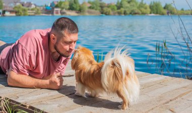 Küçük altın bir Asyalı köpeği olan genç bir adam, evcil hayvan davranış konsepti. İnsan en iyi arkadaşı