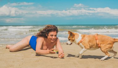 Kumsalda köpeği olan bir kadın, evcil hayvan kavramı. Evcil hayvan sahibi dışarıda oynuyor