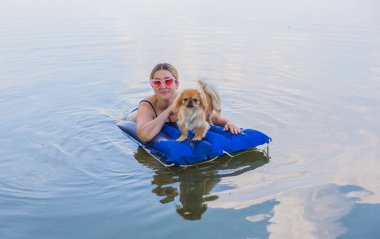 Sahibi ile birlikte doğada bir su yatağında küçük altın bir köpek. Evcil hayvan davranışı kavramı