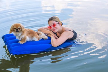 Sahibi ile birlikte doğada bir su yatağında küçük altın bir köpek. Evcil hayvan davranışı kavramı