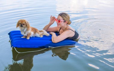 Sahibi ile birlikte doğada bir su yatağında küçük altın bir köpek. Evcil hayvan davranışı kavramı