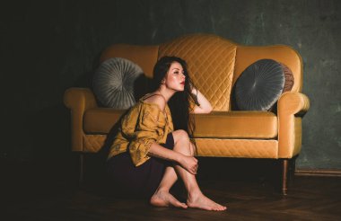 Woman's psychology, photo portrait of modern lady at home thinking about something 