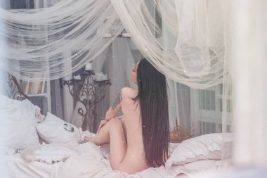 Yatak odasında modern bir bayan. Duygusallık konsepti, seksi vücutlu tatlı bayan klasik pastel iç mekan.