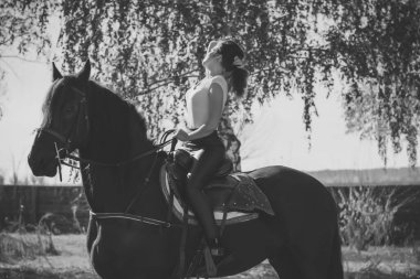 Ata binen zarif bir kadın atıyla konuşuyor. Bir kadınla ata binmenin portresi. Doğası gereği binicisi olan bir at.