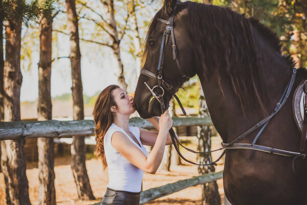 Rider elegant woman talking to her horse. Portrait of riding horse with woman . Equestrian horse with rider at nature