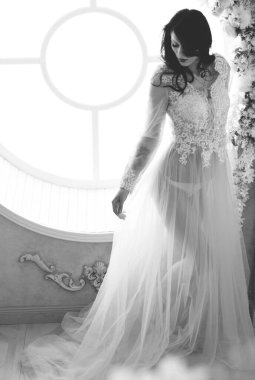 Şefkat kavramı ve saf güzellik tatlı prenses bakışında. Narin eflatun tüllü güzel bir kız romantik bir iç mekan, modern hayatta peri masalı