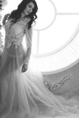 Şefkat kavramı ve saf güzellik tatlı prenses bakışında. Narin eflatun tüllü güzel bir kız romantik bir iç mekan, modern hayatta peri masalı