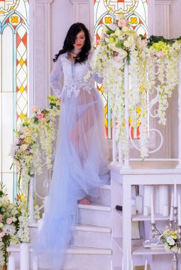 Şefkat kavramı ve saf güzellik tatlı prenses bakışında. Narin eflatun tüllü güzel bir kız romantik bir iç mekan, modern hayatta peri masalı