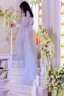 Şefkat kavramı ve saf güzellik tatlı prenses bakışında. Narin eflatun tüllü güzel bir kız romantik bir iç mekan, modern hayatta peri masalı