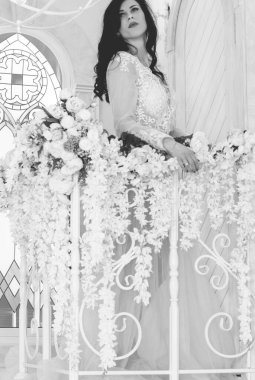 Şefkat kavramı ve saf güzellik tatlı prenses bakışında. Narin eflatun tüllü güzel bir kız romantik bir iç mekan, modern hayatta peri masalı