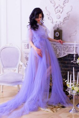 Şefkat kavramı ve saf güzellik tatlı prenses bakışında. Narin eflatun tüllü güzel bir kız romantik bir iç mekan, modern hayatta peri masalı