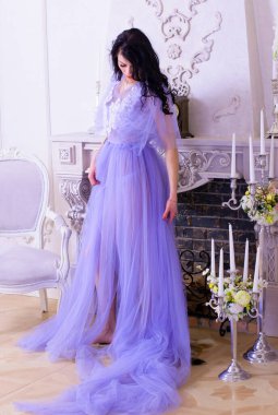 Şefkat kavramı ve saf güzellik tatlı prenses bakışında. Narin eflatun tüllü güzel bir kız romantik bir iç mekan, modern hayatta peri masalı