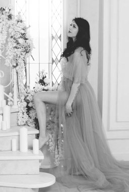 Şefkat kavramı ve saf güzellik tatlı prenses bakışında. Narin eflatun tüllü güzel bir kız romantik bir iç mekan, modern hayatta peri masalı