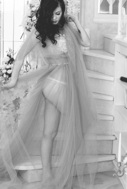 Şefkat kavramı ve saf güzellik tatlı prenses bakışında. Narin eflatun tüllü güzel bir kız romantik bir iç mekan, modern hayatta peri masalı