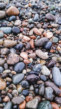 Tek bir turkuaz deniz camı kıyı şeridindeki ıslak, pürüzsüz çakıl taşları arasında duruyor. Dokuların ve canlı renklerin karşıtlığı ahengi, doğanın sanatını ve sahil güzelliğini çağrıştırıyor.