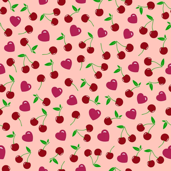 Cherry Seamless Pattern Hearts Fruit Background Wrapping Paper Textile Cover — Stock Vector