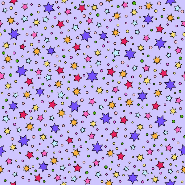 Mor bir arka planda sevimli, küçük yıldızların vektörsüz deseni. Tişört baskısı, moda deseni, çocuklar giyer, duvar kağıdı, tebrik kartı ve davetiye kartı..