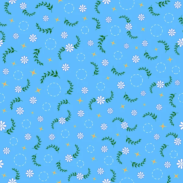 Yaprakları, parlak yıldızları ve daire çizen noktaları olan basit bir çiçek tasarımı. Çiçek arkaplan, ambalaj kağıdı, tekstil, kapak, sonsuzluk kartı. Vektör illüstrasyonu. 