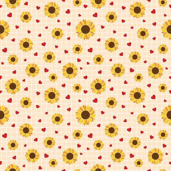 Ayçiçeğinin kusursuz deseni ve kareli sarı arka planda küçük kalpler. Tişört baskısı, moda tasarımı, çocukların giydiği, tebrik kartı ve davetiye..