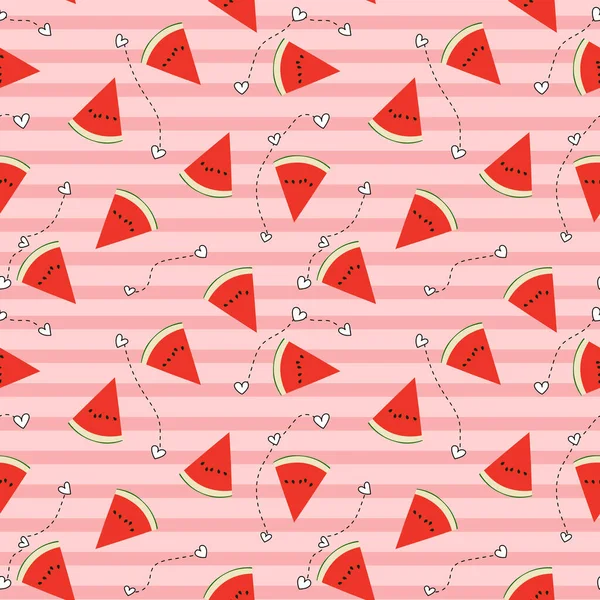 Karpuz desenli, çizgili arka plan ve noktalı arka plan ile bağlantılı küçük kalpler. Vektör İllüstrasyonu.