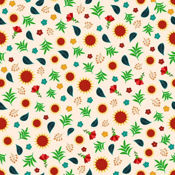 Klasik dikişsiz çiçek deseni. Küçük parlak çiçek ve yapraklardan oluşan bir arka plan. Albüm, web geçmişi, tekstil ve ev dekorasyonu projeleri için harika. Vektör illüstrasyonu.