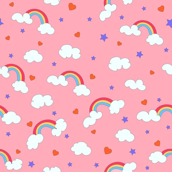 Bulutlar üzerinde renkli gökkuşağı, küçük kalpler ve yumuşak pastel arka planda yıldızlar. Vektör İllüstrasyonu. Duvar kağıdı, tişört baskısı, moda baskısı tasarımı, çocuklar giyer, selamlar ve davetiye kartı.