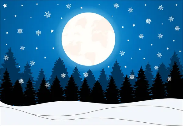 Gökyüzünde ay olan doğal kış Noel arkaplanı, şiddetli kar yağışı, farklı şekil ve formlarda kar taneleri, kar yığınları. Kış manzarası, yağan Noel yağmurları güzel kar. Vektör 