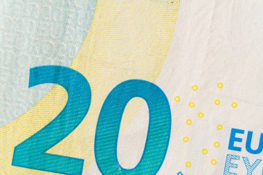 20 avroluk banknotun küçük mavi detaylarla yakın plan parçası