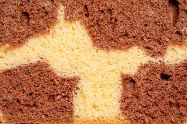Two-color sponge cake texture. Macro shot of cake cut. Pastry dough textured background.