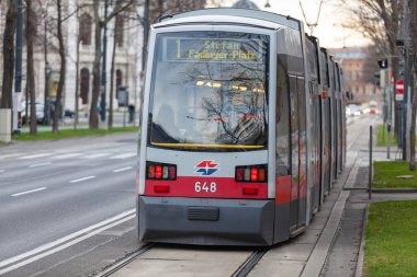 Avusturya, Viyana - 1 Aralık 2015: Tramvayla caddeye bakın, bulutlu bir gün.