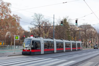 Avusturya, Viyana - 1 Aralık 2015: Tramvayla caddeye bakın, bulutlu bir gün.