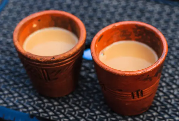Two Kullad(Cup of Soil Clay) Tea. Soil cup Indian famous tea cup knows as kulhad. Milk tea in soil cup.