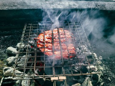 Izgarada, dumanlı ve alevli çeşit çeşit ızgara et. Barbekü şişleri yanan ızgarada sebzeli et kebabı.