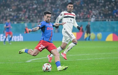 FCSB 'den Alexandru Baluta, 30 Ocak 2025' te Bükreş 'teki Ulusal Arena' da oynanan FCSB (Romanya) ile Manchester United (İngiltere) arasındaki UEFA Avrupa Ligi Stage maçı sırasında çekildi..
