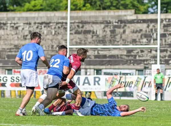 Rumen Rugby oyuncuları Romanya 'nın Bükreş kentinde düzenlenen 2025 Romanya Rugby 7 Şampiyonası Finalleri sırasında eylem halinde görülüyor.