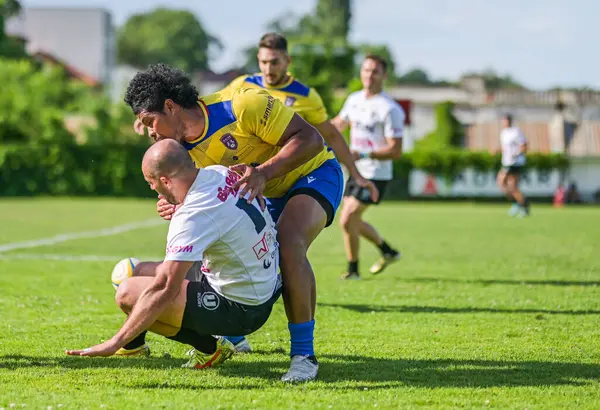 Rumen Rugby oyuncuları Romanya 'nın Bükreş kentinde düzenlenen 2025 Romanya Rugby 7 Şampiyonası Finalleri sırasında eylem halinde görülüyor.