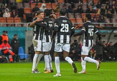 Young Boys players celebrate after the first goal scored by Joel Monteiro during the 2025/26 UEL Matchday 2 game Between FCSB (ROU) and BSC Young Boys (SWI).