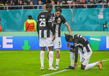 Joel Monteiro celebrates his second goal next to Jaouen Hadjam and Chris Bedia during the 2025/26 UEL Matchday 2 game Between FCSB (ROU) and BSC Young Boys (SWI).