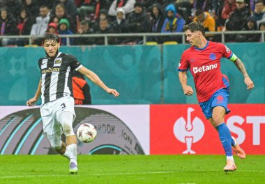 Jaouen Hadjam and David Miculescu pictured during the 2025/26 UEL Matchday 2 game Between FCSB (ROU) and BSC Young Boys (SWI).