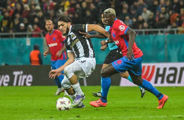 Jaouen Hadjam and Baba Alhassan pictured during the 2025/26 UEL Matchday 2 game Between FCSB (ROU) and BSC Young Boys (SWI).
