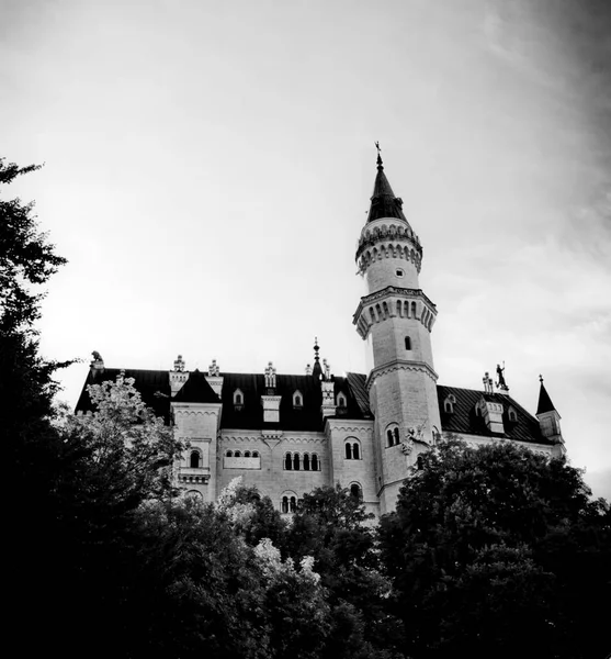 Foto Antiga Incolor Neuschwanstein Famoso Castelo Medieval Cavaleiros Dragões Princesas — Fotografia de Stock