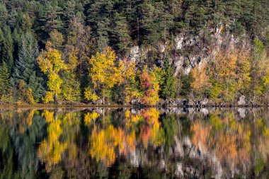 Arka planda dağ olan bir göl.